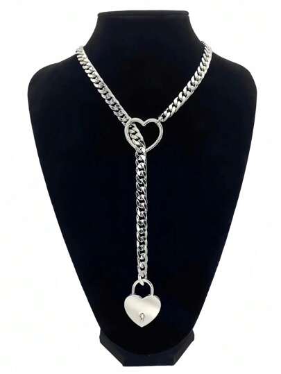1 pieza Collar colgante de cadena con corazón hueco de color plata, estilo punk, de aleación metálica, adecuado para parejas, para uso casual diario o de fiesta, regalo para San Valentín, mamá, madre, Día de la Madre