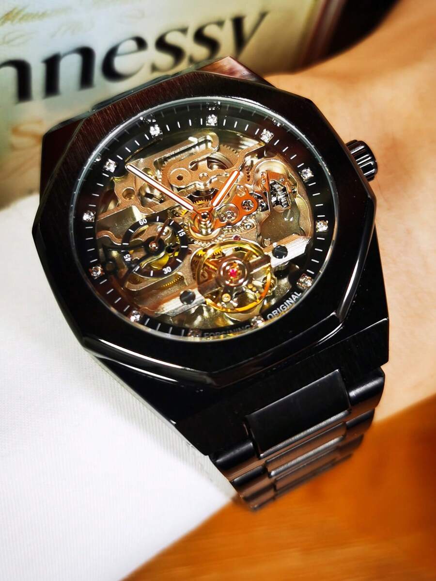 1 件黑色陀飞轮镂空不对称表壳夜光指针顶级品牌奢华不锈钢表带自动机械表周年纪念日生日礼物适合日常生活节日