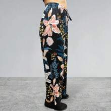 Pantalon de pierna ancha floreado, pantalon de mujer, pantalón fresco, estampado floral - Azul - Ver 1