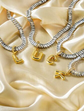 1pc European And American Style Copper Inlaid Cubic Zirconia Quartz Letter Pendant Fashionable All-Match Necklace Accessory