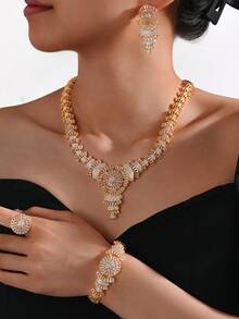 4件套奢华人造珍珠和彩色方晶锆石首饰套装，适合婚礼和派对，巴基斯坦和沙特阿拉伯风格 - 金色 - 查看 2