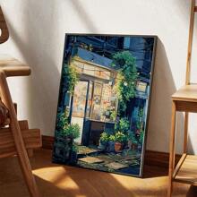 1 pièce Affiche sur canevas d'art moderne avec scène d'anime, peinture murale sur canevas d'architecture vintage d'épicerie avec beaucoup de plantes vertes, convient pour la décoration murale du salon, de la chambre, du dortoir, sans cadre