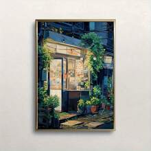 1 pièce Affiche sur canevas d'art moderne avec scène d'anime, peinture murale sur canevas d'architecture vintage d'épicerie avec beaucoup de plantes vertes, convient pour la décoration murale du salon, de la chambre, du dortoir, sans cadre