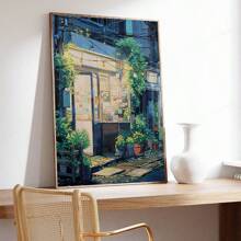 1 pièce Affiche sur canevas d'art moderne avec scène d'anime, peinture murale sur canevas d'architecture vintage d'épicerie avec beaucoup de plantes vertes, convient pour la décoration murale du salon, de la chambre, du dortoir, sans cadre