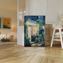 1 pièce Affiche sur canevas d'art moderne avec scène d'anime, peinture murale sur canevas d'architecture vintage d'épicerie avec beaucoup de plantes vertes, convient pour la décoration murale du salon, de la chambre, du dortoir, sans cadre