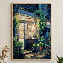 1 pièce Affiche sur canevas d'art moderne avec scène d'anime, peinture murale sur canevas d'architecture vintage d'épicerie avec beaucoup de plantes vertes, convient pour la décoration murale du salon, de la chambre, du dortoir, sans cadre