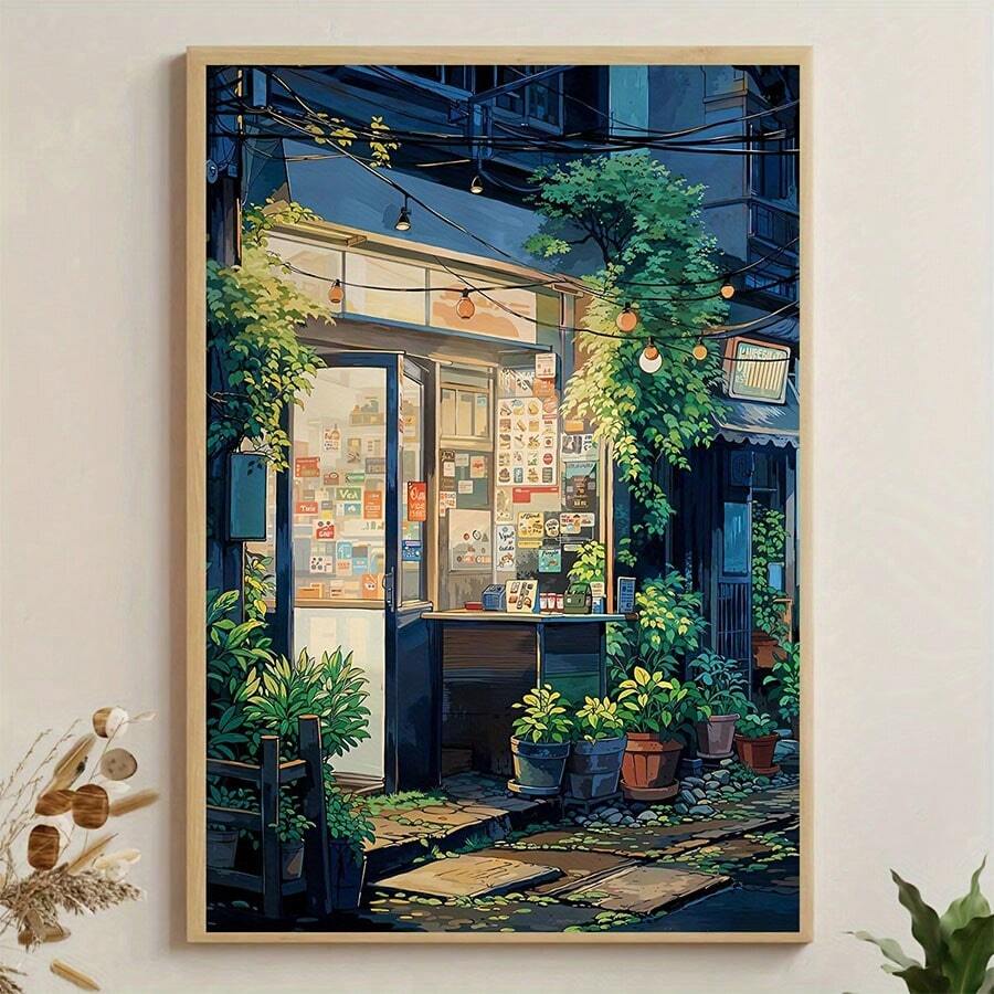 1 pièce Affiche sur canevas d'art moderne avec scène d'anime, peinture murale sur canevas d'architecture vintage d'épicerie avec beaucoup de plantes vertes, convient pour la décoration murale du salon, de la chambre, du dortoir, sans cadre