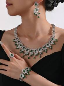 1 Set Luxury Green And Pink Zirconia Copper Silver Plated Necklace, Bracelet, Earrings, Ring Jewelry Set, Elegant Bridal Wedding Accessories, High-End Jewelry Gift Set For Valentine's Day