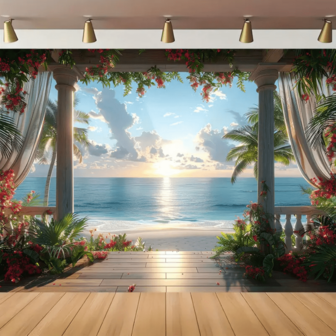 "Perfection" Versatile Photography Backdrop - Bright Sunny Terrace With Blue Sky & White Clouds, Perfect For Summer Vacation, Travel Room Decor, Portrait Booths, And Birthday Celebrations, Christmas