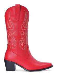 Botas vaqueras ROJAS para mujer - Botas de media caña de estilo vaquero para mujer con diseño bordado, punta puntiaguda, tacón grueso retro, ideales para primavera y otoño, botines cortos clásicos de moda con tira para tirar para señoras - Rojo - Ver 6