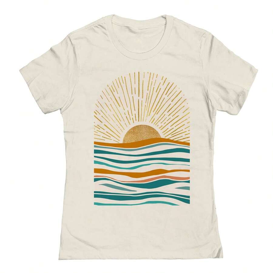 Nearly There Golden Summer Sunset Graphic Ladies Cotton T-Shirt - Beige - View 1