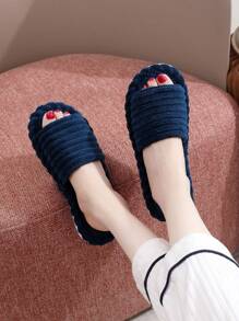 Dép xỏ ngón hở mũi bằng vải nhung cho nữ, đế bằng, ấm áp, chống trượt trong nhà, thiết kế nữ tính dễ thương và thời trang, dày dặn, có lông và không có ngón chân - Màu xanh lam - Xem 3