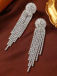 2入組時尚長流蘇水滴鑽石耳夾女士婚禮無耳洞耳飾 - clip - 查看 6