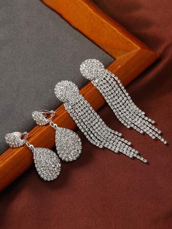 2pcs Fashionable Long Fringe & Waterdrop Rhinestone Clip-On Earrings Women's Bridal Ear Jewelry Without Piercing