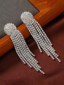 2入組時尚長流蘇水滴鑽石耳夾女士婚禮無耳洞耳飾 - clip - 查看 5