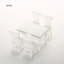 5pcs 1:12 Scale Dollhouse Furniture Miniatures Dining Table & Chairs Set, DIY Kitchen Accessories Kit In White, Black And Natural Wood Color, Wooden Craft Decor, Birthday Gift - Multicolor - View 7