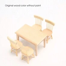 5pcs 1:12 Scale Dollhouse Furniture Miniatures Dining Table & Chairs Set, DIY Kitchen Accessories Kit In White, Black And Natural Wood Color, Wooden Craft Decor, Birthday Gift - Multicolor - View 5