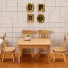 5pcs 1:12 Scale Dollhouse Furniture Miniatures Dining Table & Chairs Set, DIY Kitchen Accessories Kit In White, Black And Natural Wood Color, Wooden Craft Decor, Birthday Gift - Multicolor - View 4