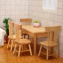 5pcs 1:12 Scale Dollhouse Furniture Miniatures Dining Table & Chairs Set, DIY Kitchen Accessories Kit In White, Black And Natural Wood Color, Wooden Craft Decor, Birthday Gift - Multicolor - View 3