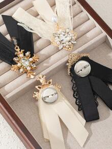 1pc Elegant Style Black And White Ribbon Fabric Brooch Adorned With Rhinestones, Palace-Style Badge Jewelry For Women, Perfect Gift For Dates & Occasions, Suitable For Daily Wear - classic - View 2