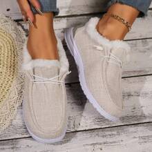 Women's Winter Solid Colored Linen Snow Boots, Thickened For Warmth And Comfort; Women's Lightweight Flat Casual Sports Shoes
