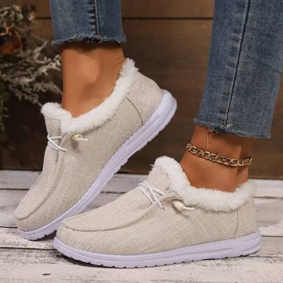 Stivali da neve in lino di colore solido per l'inverno da donna, rinforzati per il calore e il comfort; Scarpe sportive casual piatte e leggere da donna