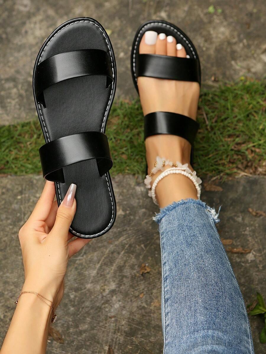 女士白色平底凉鞋，欧美风格简洁风沙滩凉鞋，休闲户外凉鞋，配 PU 皮革交叉带 - 黑色 - 查看 1