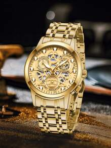 VA VA VOOM 1 件男士手表时尚不锈钢镂空表盘休闲运动风格夜灯男士时钟金色和黑色和银色原装石英机芯水钻奢华腕表