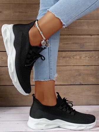 Women's Breathable Sneakers, Casual Socks Shoes, Lace-Up Flat Shoes, Ladies' Spring Vulcanized Running Shoes