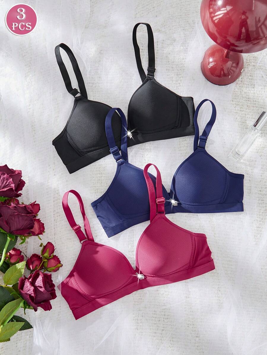 3PCS Women's Comfortable Sleeping Ventilate Wireless, Soft Cup Solid Bra