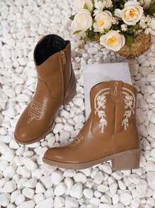 Bottes de cow-boy occidentales brodées à talons hauts et fermeture éclair latérale pour filles, mi-mollet, bout pointu, bottes d'extérieur, convient pour le printemps et l'automne