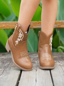 Bottes de cow-boy occidentales brodées à talons hauts et fermeture éclair latérale pour filles, mi-mollet, bout pointu, bottes d'extérieur, convient pour le printemps et l'automne