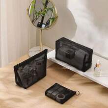 1/3件套黑色网眼化妆包，透明洗漱包，方便大容量收纳袋，零钱包三件套女士洗漱包，小型化妆包，女士洗漱包，小型化妆包，女士洗漱包，女士礼物，圣诞礼物，女士礼物推荐 - 黑色 - 查看 2