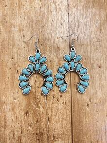 1pair Boho Western Style Vintage Turquoise Geometric Pendant Long Earrings - Antique Silver - View 16