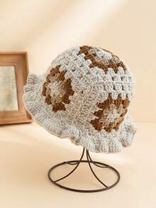 1pc Women's Y2K Granny Plaid Flower Handmade Knit Bucket Hat Suitable For Daily Wear - Multicolor - View 7