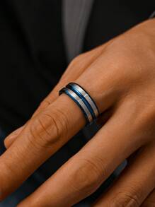 1pc Stainless Steel Street Style Hip Hop Blue Groove Lines Pattern Men's Rings Summer Jewelry - Ring - View 7