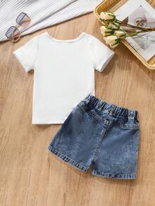 Cute Strawberry Fruit Pattern Short Sleeve Outfit For Children, Summer, 2pcs/Set Denim Kids' Clothes - White - View 2