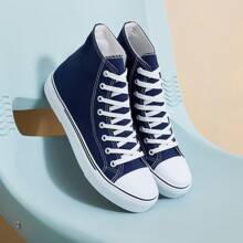 男女通用時尚高筒運動鞋女士經典高筒帆布鞋男士休閒網球鞋 - 海軍 - 查看 9