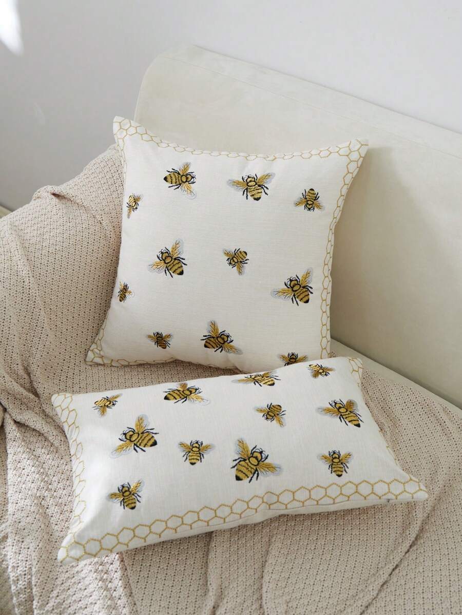 1pc Bee, Leaves And Pumpkin Embroidered Pillowcase For Home Decor, Living Room, Bedroom, All Seasons - Multicolor - View 1