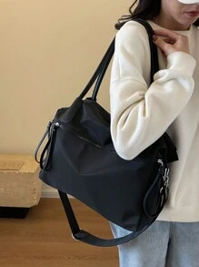 Túi Tote Nylon Cho Nữ Dung Tích Lớn Đeo Ngang/Vai/Ví Cầm Tay Phong Cách Retro Và Đa Năng, Hàng Mới 2024, Túi Đeo Vai Đi Học - màu đen - Xem 6