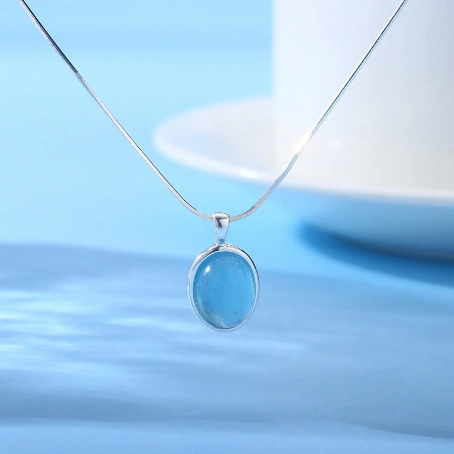 1 pieza. Collar minimalista y personalizado de piedra lunar y aguamarina, diseño único de cadena elíptica para la clavícula para bodas/fiestas - Collar de aguamarina - Ver 1