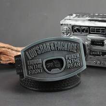 帶各種黑/棕色方格牛仔布腰帶的橢圓盤瓶開器，西部風格的鋅合金扣子街頭潮流復古腰帶適用於男性