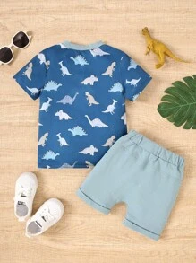 2 Stücke Kleinkind Lässig Set: Dinosaurier Muster Weißes Kurzarm Oberteil + Shorts mit Tasche