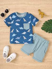 2 Stücke Kleinkind Lässig Set: Dinosaurier Muster Weißes Kurzarm Oberteil + Shorts mit Tasche