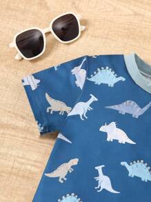 2 Stücke Kleinkind Lässig Set: Dinosaurier Muster Weißes Kurzarm Oberteil + Shorts mit Tasche