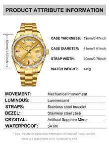 JINLERY男士金色手錶自動機械錶/防水5ATM日曆和每週顯示藍寶石發光男士禮物 - 金色 - 查看 5