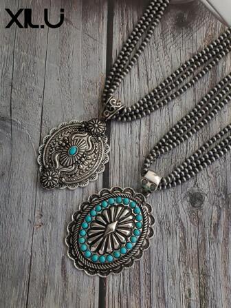 1入西部納瓦霍風格復古拉絲CCB珠子多層頸鍊，幾何圓形毛衣鏈，適用於女性