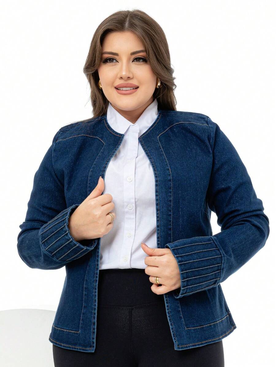 Women Denim Jackets & Coats - 深色水洗藍 - 查看 1