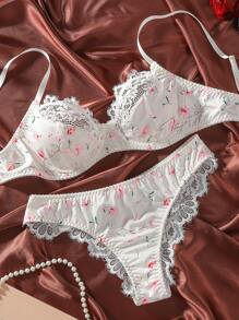 Floral Print Contrast Lace Spaghetti Strap Bra And Panty Set Two Pieces Set Women 2 Pieces Set, Lingerie - White - View 1