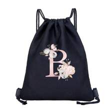 抽绳背包男女通用运动背包女士抽绳鞋袋储物袋姓名首字母图案健身包男士抽绳包布袋防尘收纳袋户外行李袋运动包包束口袋学生运动背包，轻便小背包，迷你背包，适合返校和旅行，返校，经典休闲，适合青少年女孩女士大学生户外、旅行、郊游 - 黑色 - 查看 16